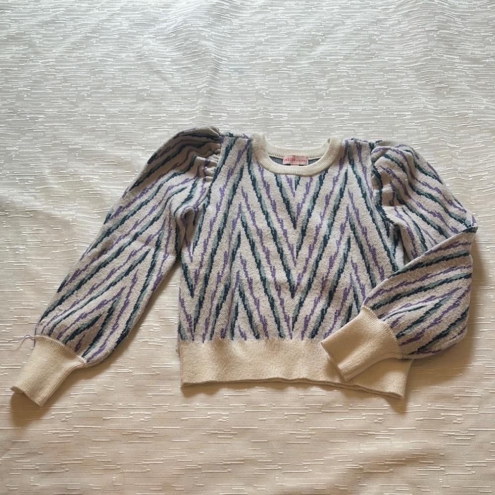 Cream and Purple Chevron Knit Sweater with Puffy Sleeves